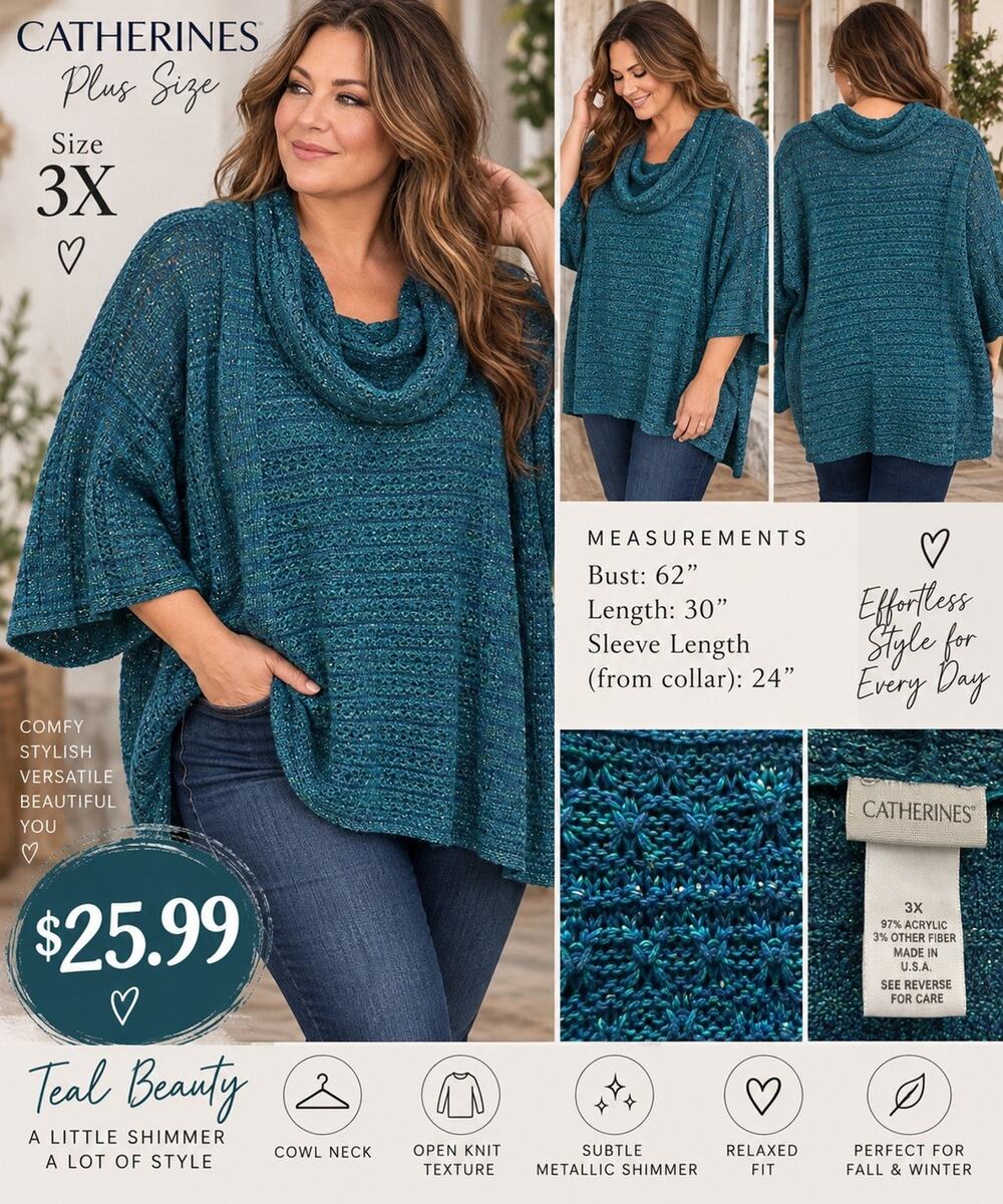 Catherines Women’s 3X Teal Metallic Cowl Neck Open Knit Sweater Tunic Plus Size